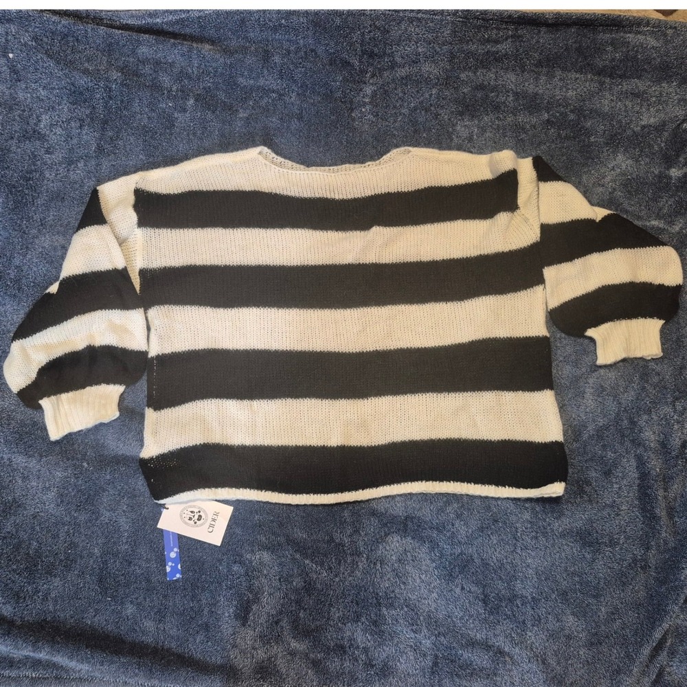 Cider Striped Knit Sweater Black Cream Balloon Sleeve Pullover XL NWT